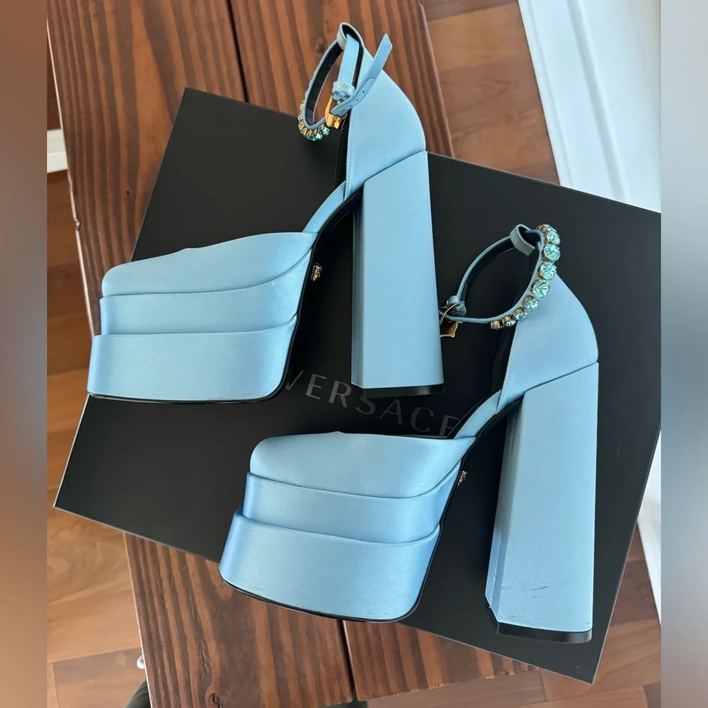 Versace Powder Blue Platform Ankle-Strap Pumps